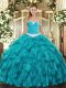 Eye-catching Appliques and Ruffles Quinceanera Gowns Teal Lace Up Sleeveless Floor Length