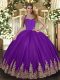 Captivating Purple Tulle Lace Up Halter Top Sleeveless Floor Length Vestidos de Quinceanera Appliques