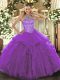 Floor Length Purple Quince Ball Gowns Halter Top Sleeveless Lace Up