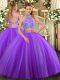 Sophisticated Two Pieces Quince Ball Gowns Lavender Halter Top Tulle Sleeveless Floor Length Criss Cross