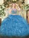 Baby Blue Organza Lace Up Quinceanera Dresses Sleeveless Floor Length Beading and Ruffles