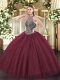 Sleeveless Tulle Floor Length Lace Up Quinceanera Gowns in Burgundy with Beading