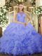 Floor Length Blue Quinceanera Dress Halter Top Sleeveless Lace Up