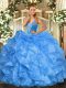 Hot Sale Baby Blue Lace Up Straps Beading and Ruffles Vestidos de Quinceanera Organza Sleeveless