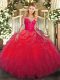 Extravagant Floor Length Red 15th Birthday Dress Organza Long Sleeves Lace and Ruffles