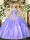 Affordable Tulle Sweetheart Sleeveless Lace Up Beading and Ruffles Vestidos de Quinceanera in Lavender