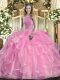 Fantastic Rose Pink 15 Quinceanera Dress Military Ball and Sweet 16 and Quinceanera with Beading and Ruffles High-neck Sleeveless Lace Up
