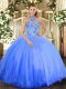Custom Designed Tulle Halter Top Sleeveless Lace Up Embroidery Sweet 16 Quinceanera Dress in Blue