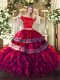 Dramatic Fuchsia Two Pieces Organza and Taffeta Off The Shoulder Short Sleeves Embroidery and Ruffles Floor Length Zipper 15th Birthday Dress