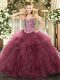 Burgundy Sleeveless Floor Length Beading and Ruffles Lace Up 15 Quinceanera Dress