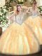 Glamorous Gold Ball Gowns Scoop Sleeveless Tulle Floor Length Zipper Beading and Ruffles Quinceanera Gown