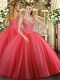 Beading Quinceanera Gown Coral Red Lace Up Sleeveless Floor Length