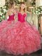 Romantic Organza Scoop Long Sleeves Lace Up Lace and Ruffles Ball Gown Prom Dress in Watermelon Red