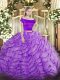 Exquisite Short Sleeves Appliques and Ruffles Zipper Quinceanera Gown with Lavender Brush Train