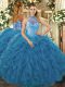 Best Teal Sleeveless Organza Lace Up Quinceanera Dress for Sweet 16 and Quinceanera