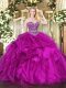 Lovely Fuchsia Organza Lace Up Sweetheart Sleeveless Floor Length Quinceanera Dress Beading and Ruffles