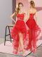 Gorgeous Sleeveless High Low Beading Lace Up Prom Evening Gown with Red