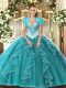 Custom Made Teal Ball Gowns Tulle Sweetheart Sleeveless Beading Floor Length Lace Up Sweet 16 Dress