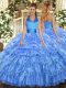 Custom Made Floor Length Lace Up Sweet 16 Quinceanera Dress Baby Blue for Military Ball and Sweet 16 and Quinceanera with Ruffled Layers and Pick Ups
