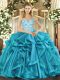 Teal Ball Gowns Straps Sleeveless Organza Floor Length Lace Up Beading and Appliques and Ruffles Sweet 16 Dresses
