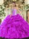 Custom Design Fuchsia Ball Gowns Beading and Ruffles and Pick Ups Vestidos de Quinceanera Lace Up Organza Sleeveless Floor Length