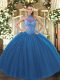 Halter Top Sleeveless Tulle 15 Quinceanera Dress Beading and Embroidery Lace Up
