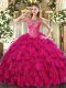 Lovely Fuchsia Ball Gowns Beading and Ruffles 15 Quinceanera Dress Lace Up Organza Sleeveless Floor Length