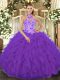 Fitting Organza Sleeveless Floor Length Sweet 16 Dresses and Beading and Embroidery and Ruffles