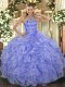 Lavender Ball Gowns Halter Top Sleeveless Organza Asymmetrical Lace Up Beading and Ruffles Sweet 16 Dresses