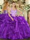 Stylish Floor Length Eggplant Purple Quinceanera Gown Organza Sleeveless Beading and Appliques and Ruffles