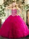 Sweetheart Sleeveless 15 Quinceanera Dress Floor Length Beading and Ruffles Hot Pink Tulle