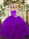 Purple Quinceanera Gowns Military Ball and Sweet 16 and Quinceanera with Ruffled Layers Strapless Sleeveless Brush Train Zipper