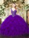Enchanting Purple Ball Gowns Beading and Ruffles Quinceanera Gowns Lace Up Organza Sleeveless Floor Length