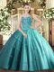 Unique Sleeveless Floor Length Beading and Appliques Lace Up Sweet 16 Dresses with Teal