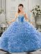 Super Light Blue Organza Lace Up Sweetheart Sleeveless Quinceanera Gowns Court Train Beading and Ruffles