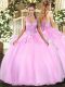 Pink Lace Up Straps Beading Quinceanera Gowns Organza Sleeveless