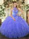 Delicate Blue Organza Lace Up 15 Quinceanera Dress Sleeveless Floor Length Beading and Embroidery and Ruffles