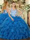 Blue Straps Lace Up Beading and Ruffles Sweet 16 Quinceanera Dress Sleeveless