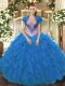 Blue Ball Gowns Beading and Ruffles Sweet 16 Dress Lace Up Organza Sleeveless Floor Length