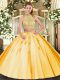 Low Price Gold Tulle Criss Cross Halter Top Sleeveless Floor Length Sweet 16 Dress Beading and Appliques