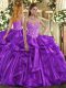 Admirable Eggplant Purple Ball Gowns Embroidery and Ruffles Ball Gown Prom Dress Lace Up Organza Sleeveless Floor Length