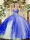 Beading and Ruffles Ball Gown Prom Dress Blue Lace Up Sleeveless Floor Length