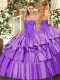Unique Floor Length Lace Up Quince Ball Gowns Lavender for Military Ball and Sweet 16 and Quinceanera with Beading and Ruffles