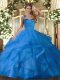 Blue Ball Gowns Tulle Halter Top Sleeveless Ruffles Floor Length Lace Up Quinceanera Gown