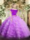 Captivating Off The Shoulder Short Sleeves Ball Gown Prom Dress Floor Length Appliques and Ruffled Layers Lilac Tulle