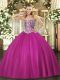 Fuchsia Lace Up Quinceanera Dresses Beading Sleeveless Floor Length