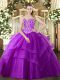 Sweetheart Sleeveless Quinceanera Dress Floor Length Beading and Ruffled Layers Purple Tulle