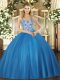 Floor Length Blue Quinceanera Gown Straps Sleeveless Lace Up