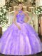 Suitable Floor Length Lavender 15th Birthday Dress Organza Sleeveless Beading and Ruffles
