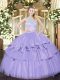 Hot Sale Lavender Two Pieces Organza Scoop Sleeveless Lace and Ruffled Layers Floor Length Zipper Sweet 16 Dresses